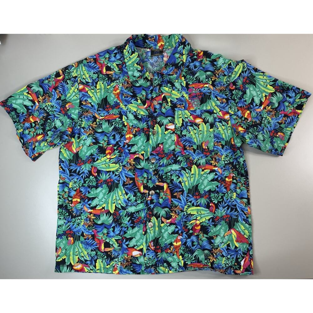 VTG Y2K ‘01 Toucan Dance Yacht Club Tropical Aloha Shirt L Hawaiian Vacation BBQ